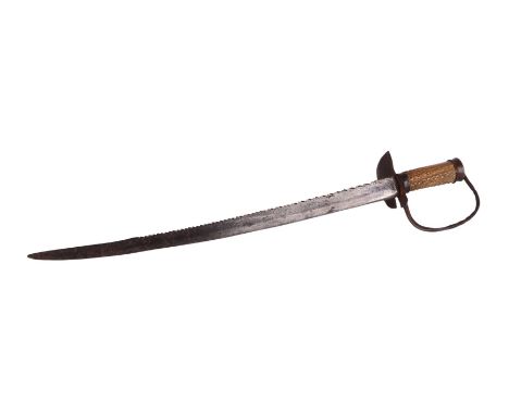 A believed late 17th / early 18th century English cutlass with curved saw back blade, antler handle grip with brass mounts, t