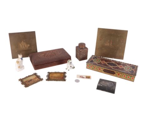 Two brass plaques engraved with ships, the largest 20cms wide; together with a teak jewellery box; an antimony tea caddy and 