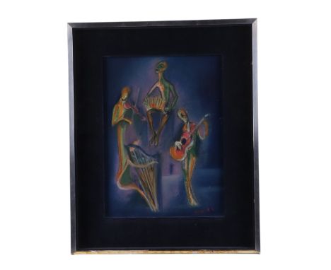 Jacques Yonnet (mid 20th century French)  - abstract study of a quartet playing violin, guitar, harp and accordion, mixed med