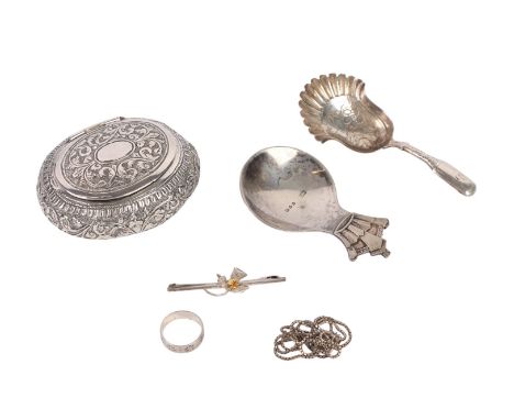 A George III silver caddy spoon, Birmingham 1819 and maker's mark for John Thropp; together with a silver caddy spoon with cr