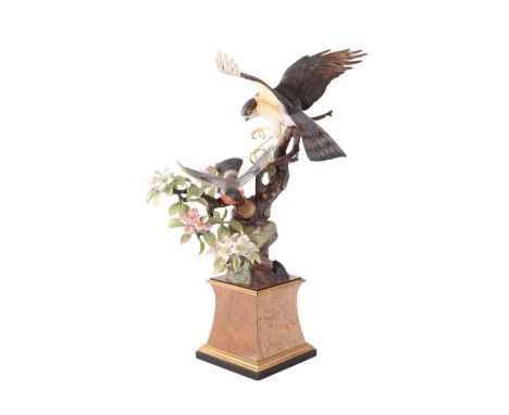 James Alder for Royal Worcester, a Sparrow hawk and Bullfinch group, hand painted, limited edition no. 24/500, mounted on a s