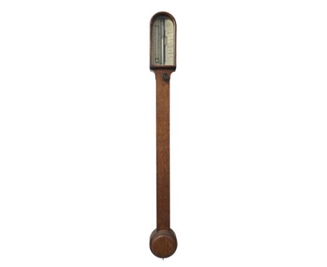 An early 19th century oak cased stick barometer thermometer by Patrick Adie, 15 Pall Mall, London 92cm high.