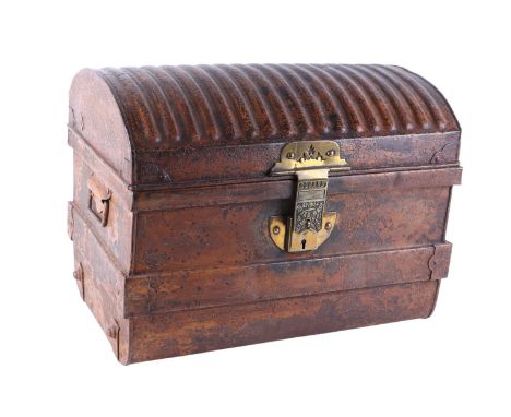 A late 19th / early 20th century Cunard Line steel travelling trunk, made by Jones Bros & Co. Wolverhampton, with faux grain 
