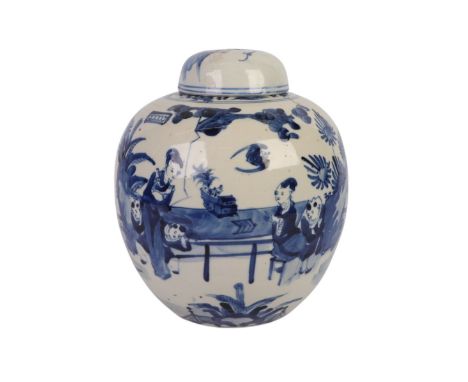 A Chinese blue & white ginger jar and cover decorated with figures, 25cms high.Condition ReportGood condition with no damage 