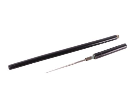 A late 19th century leather bound swagger sword stick, the short tapering blade marked 'Swaine Brigg London', the blade lengt