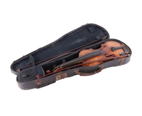 A 19th century violin with 13.5ins one-piece back, bears paper label 'David Techler, Isintago fecit Romae anno 1703', with tw
