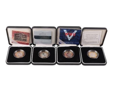 A UK silver proof Piedfort £2 group, 1999 Rugby Hologram, 2005 Gunpowder, 2005 WWII, 2007 Union, all cased with certificates 