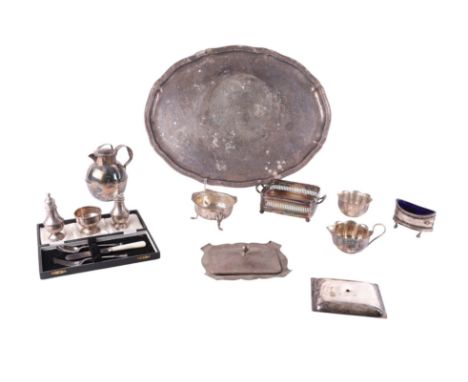 A pair of silver peppers; together with a silver bowl, a small silver bowl and a quantity of silver plate, weighable silver 2