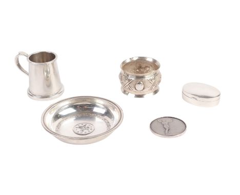 A silver miniature tankard, 39g; together with other silver items including a pin dish, napkin ring, pill box and medallion, 