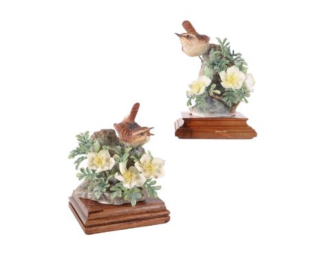 Dorothy Doughty for Royal Worcester, a pair of Wren and Burnett Rose hand painted groups, each signed, both approx 16cms high
