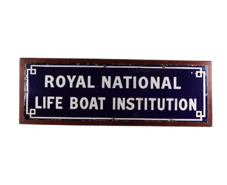 Nautical Interest:  An original Royal National Lifeboat Institution enamel sign, 96 by 30cms, mounted on a wooden shield. Pro