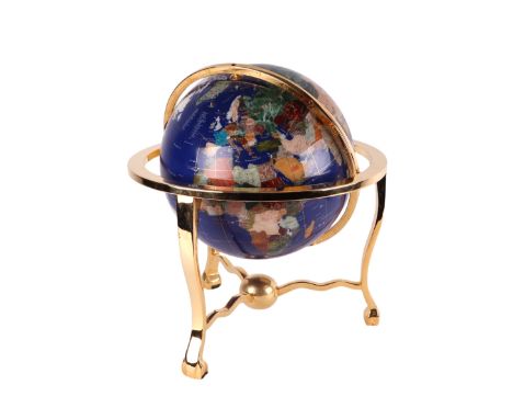 A contemporary mineral / gemstone inlaid terrestrial desk globe on a gimble-mounted on a brass tripod base. 43cm diameter