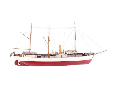 A Bassett-Lowke No. 6 Exploration steamship with red and white painted hull, triple rigged masts, two lifeboats, central whee