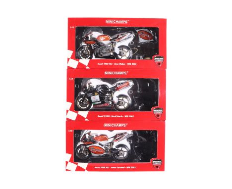 Minichamps 1/12th scale World Superbikes Ducati 998 R F02 James Toseland WSB 2003, and Ducati 998 RS David Garcia WSB 2003, a