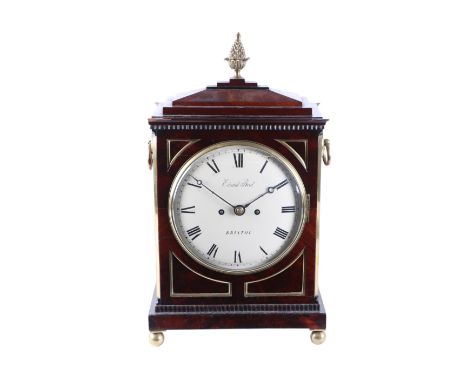 A George III table clock, the 20cms diameter white dial with Roman numerals, signed Edward Bird, Bristol, fitted with an 8-da