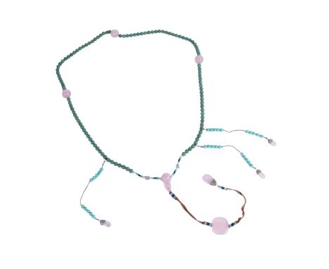 A Chinese jade / hardstone & rose quartz court necklace, in a fitted box.Condition ReportLargest pink bead 2.5cms