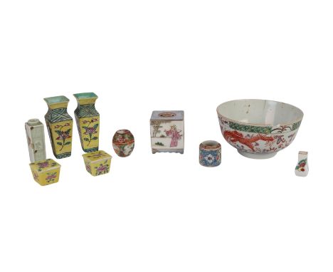 A group of Chinese miniature vases and boxes; together with a famille rose footed bowl, the largest vase 8cms high (10).Condi