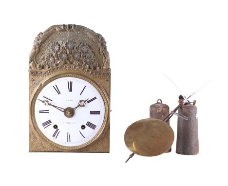 A French alarm wall clock, the white enamel dial with Roman numerals, signed 'Foray a L'Arbresle' with a pressed brass surrou