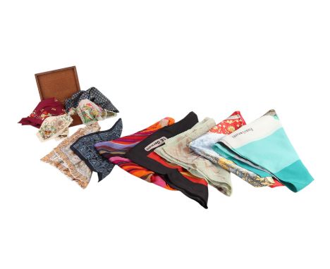 A group of silk scarves and handkerchiefs; together with an oak handkerchief box.