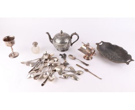 A quantity of silver plated items to include teapot, goblet and flatware.