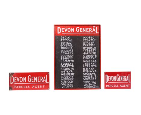 A Devon General enamel mounted vehicle registration chalk board, 54 by 75cms; together with a double sided Devon General Parc