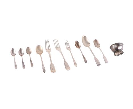 A small group of silver flatware; together with a silver footed bowl, 331g; and a quantity of silver plated flatware.