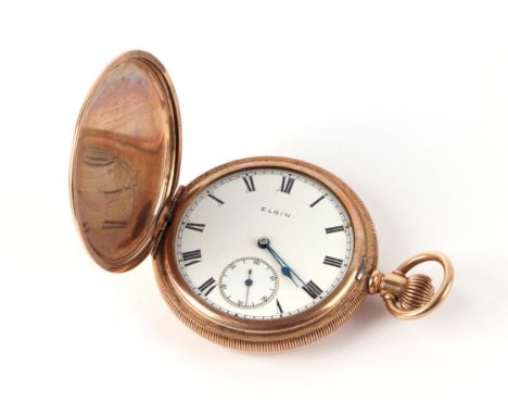 An Elgin full hunter pocket watch in a gold plated case, the white enamel dial with Roman numerals and subsidiary seconds dia