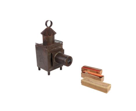 A late 19th century French Lapierre Magic Lantern (circa 1870) of tin construction with chimney and carrying handle, approx 3