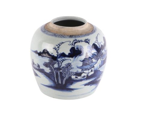 An 18th century Chinese Provincial blue & white ginger jar decorated with a river landscape scene, 20cms high.Condition Repor