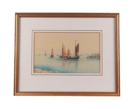 R Allam (early 20th century British) - Fishing Boats in a Harbour - signed lower left, watercolour, framed & glazed, 26 by 16