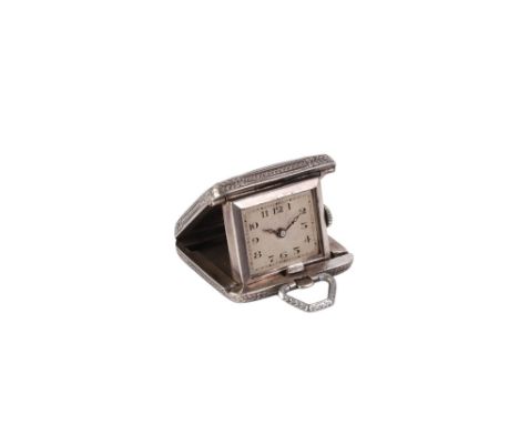 A silver and enamel novelty folding travel watch in the form of a suitcase, 3.5cms wide.Condition ReportMissing the watch fac