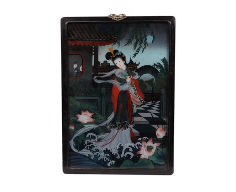 A Chinese reverse painted picture on glass depicting a robed lady holding a fan, overall 50 by 71cms.