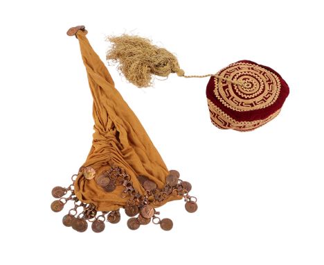 A Turkish bullion wire embroidered hat; together with a faux coin mounted scarf (2).