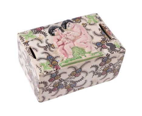 A mid 19th century William Smith & Co. Stafford Pottery christening moneybox, Tyrian pattern, model no. 92, decorated in reli