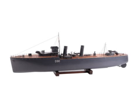 A Bassett-Lowke model of a Destroyer circa 1936, with carved hull, finished in grey and numbered D90, with satinwood decks an