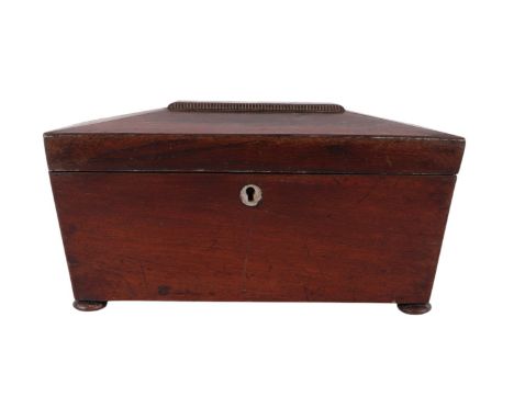 A William IV rosewood sarcophagus two-division tea caddy with associated mixing bowl, 30cms wide.