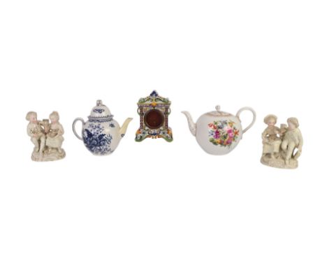 An 18th century blue & white teapot, possibly Caughley, 16cms high; together with a Meissen teapot decorated with flowers; tw