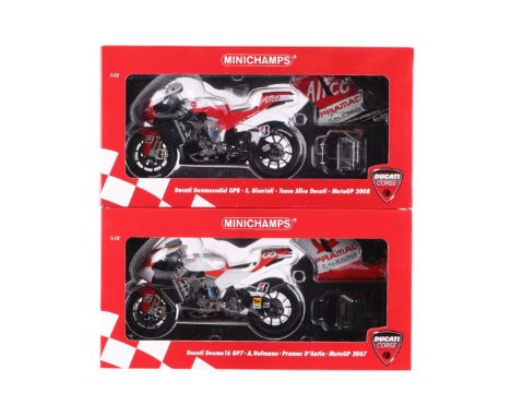 Minichamps 1/12th scale Ducati Desmo 16 GP7 A Hofmann, Pramac D - Antin MotoGP 2007 and Ducati Desmosedici GB8 S Giuntoli Tea