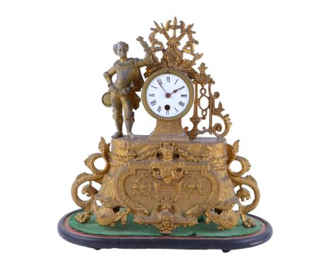 A late 19th century French gilt spelter figural mantel clock, requiring restoration, mounted on a plinth, 33cms wide.