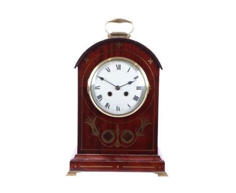 An Edwardian mahogany bracket clock in the George III taste, the 13cms diameter white dial with Roman numerals, fitted with a