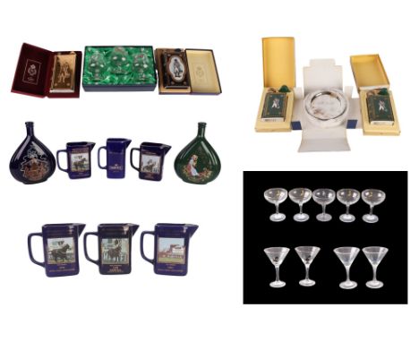 Brewery interest:  A group of Martell Cognac Grand National water jugs; together with two Courvoisier Harvest decanters; a bo