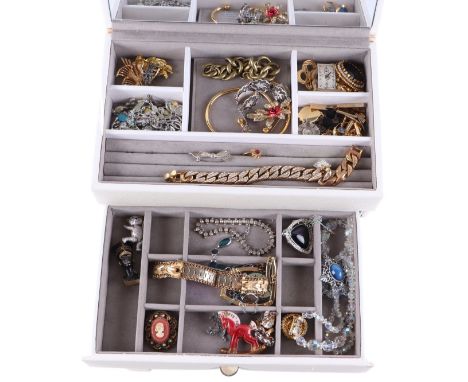 A white jewellery box containing costume jewellery to include bracelets, brooches and cufflinks.
