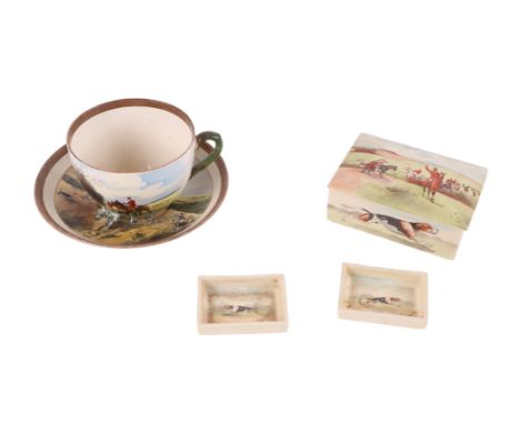 A Royal Doulton rectangular box and cover decorated with a hunting scene; two matching pin dishes and a similar Copeland cup 