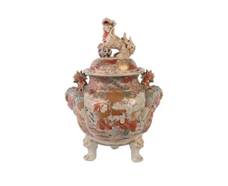 A late 19th century Japanese Satsuma koro with temple lion finial and phoenix handles (a/f) 38cms high.