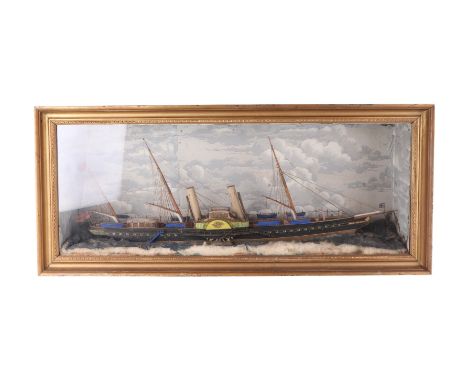 A waterline diorama model of a paddle steamer in choppy seas, the model featuring the deck with triple masts, handrail, lifeb