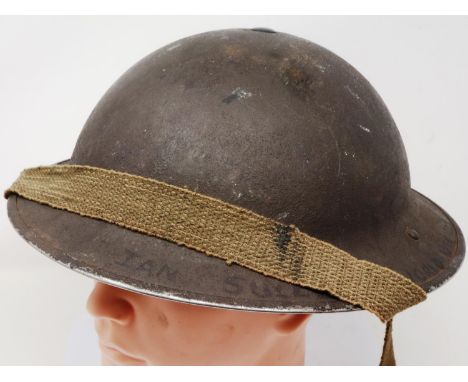 British WWII brodie helmet MKII, with liner and chinstrap, inscribed to outer-shell Ian Sullivan. P&amp;P Group 2 (£18+VAT fo
