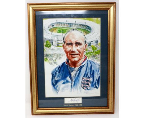 Sir Alf Ramsey signature, mounted with limited edition print of Ramsey, 15/220, 22 x 37 cm. POSTAGE EXCLUDING FRAME: P&amp;P 