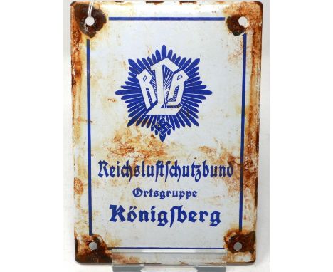 WWII German enamel sign for Reichs Luftschutz Bund, air raid wardens meeting place in Konigsberg, Germany. P&amp;P Group 3 (£