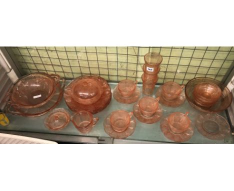 PINK TINTED PRESSED GLASSWARE, PLATES, TEACUPS AND SAUCERS AND BOWLS