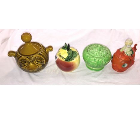19TH CENTURY BISQUE PORCELAIN FISH PRESERVE POT AND THREE OTHER PRESERVE POTS
